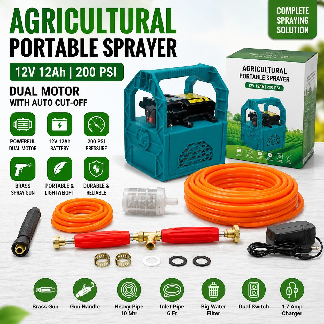 Heavy Duty 200 PSI Double Motor Portable Battery Sprayer 12V 14Ah Battery With 10 Meter Hose Pipe